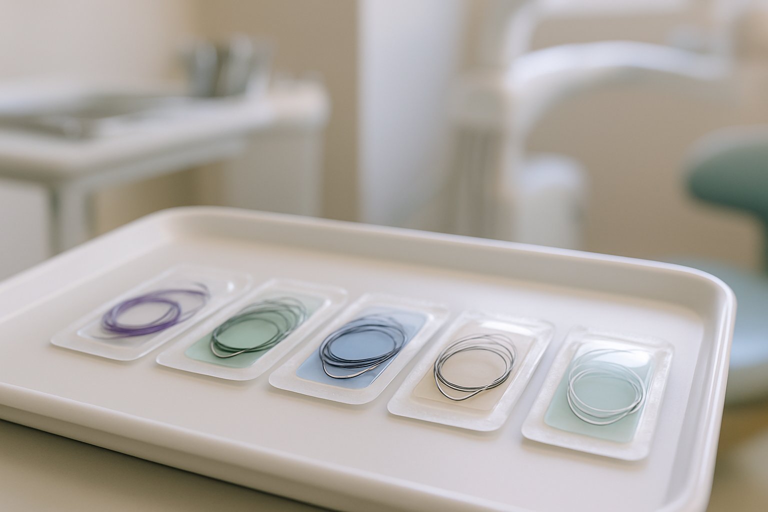 Close-up of different types of dental sutures arranged on a tray in a dental clinic.