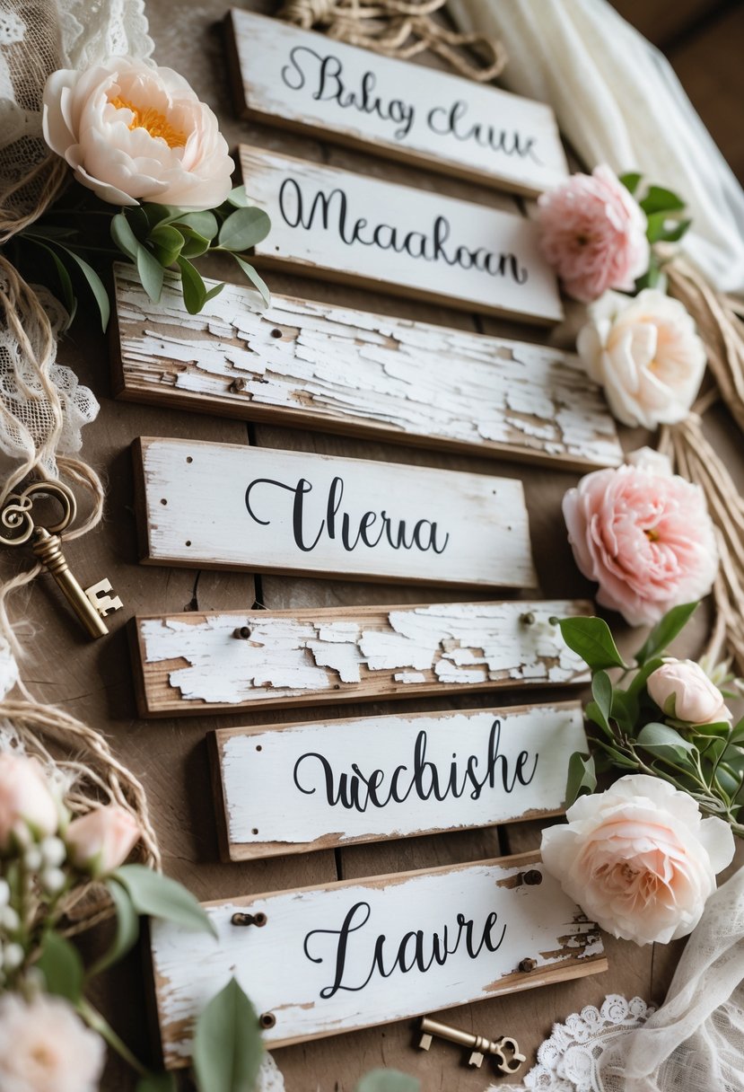 A rustic arrangement of worn wooden signs surrounded by pastel flowers and wedding decorations on a wooden surface.
