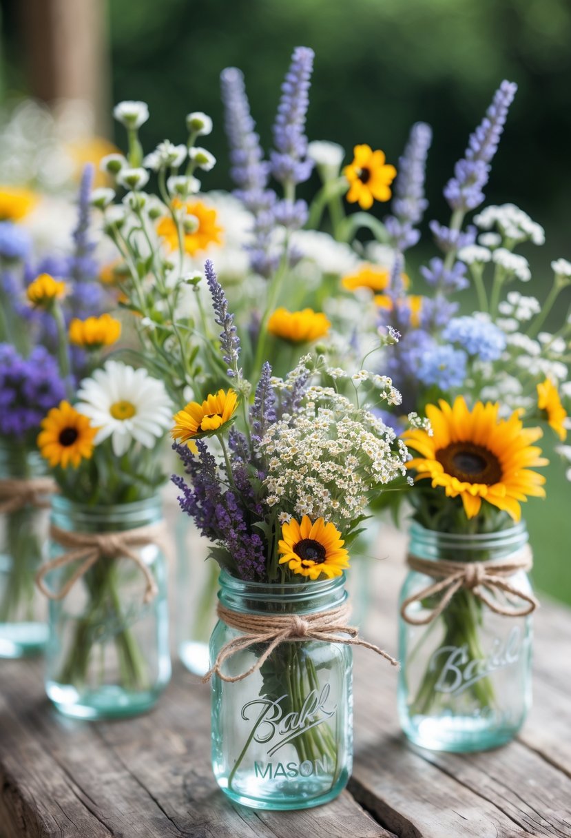Mason jars filled with colorful wildflowers arranged on a wooden table.