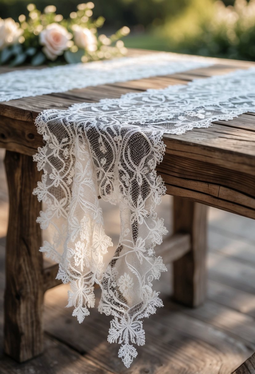 Rustic wooden tables with lace table runners arranged outdoors with greenery in the background.