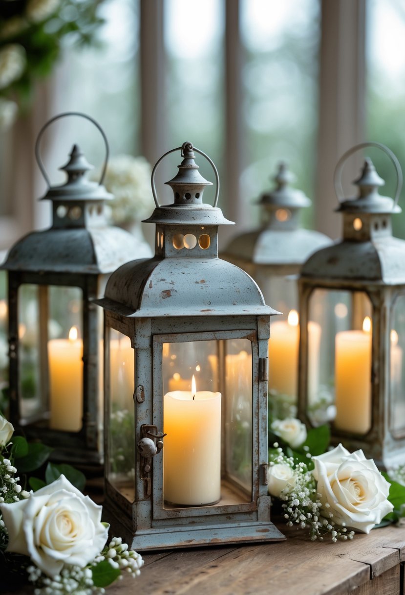 A collection of antique lanterns with lit candles inside, arranged on a wooden table with flowers and greenery.