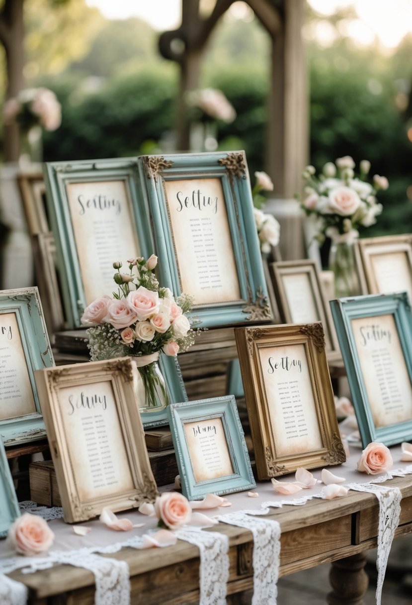 A collection of vintage picture frames arranged on tables displaying seating charts for a wedding, surrounded by flowers and soft lighting.