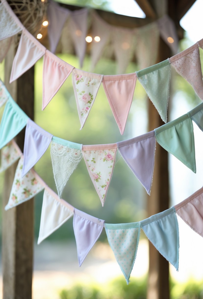 Soft pastel-colored fabric bunting hanging as wedding decoration in a softly lit setting.