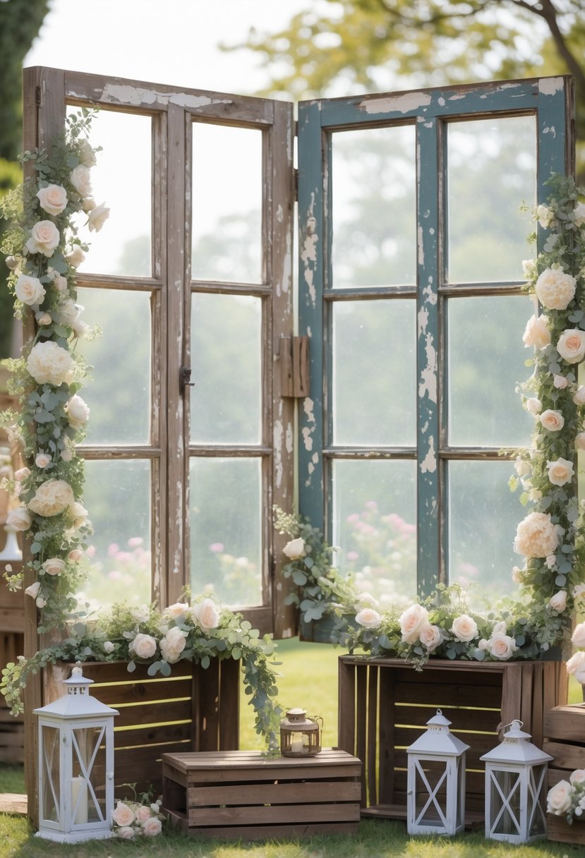 Outdoor wedding scene with old wooden window frames decorated with flowers and greenery, arranged as photo backdrops with rustic wooden crates and lanterns nearby.