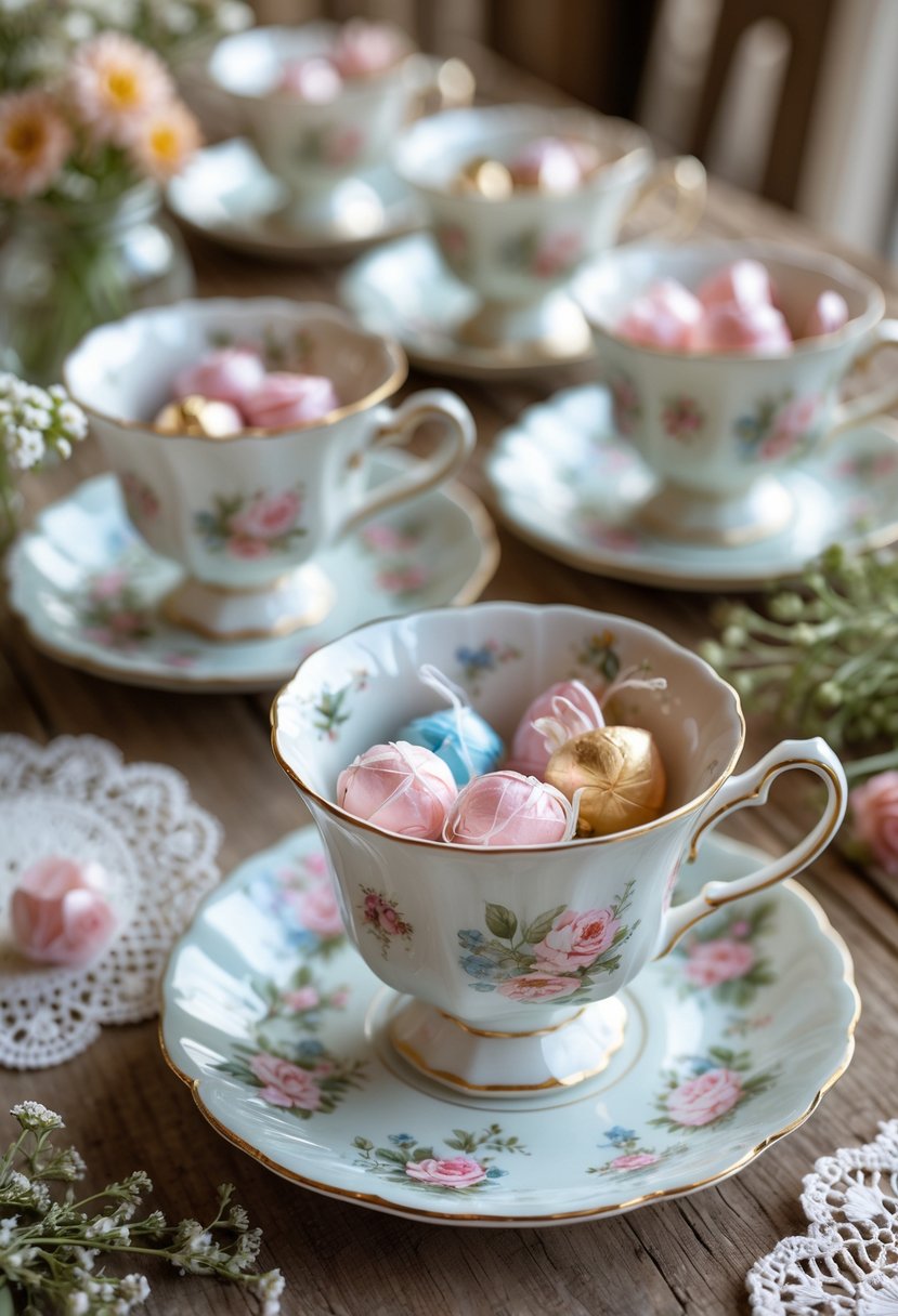 Porcelain tea cups filled with small wedding favors arranged on a wooden table with flowers and greenery.