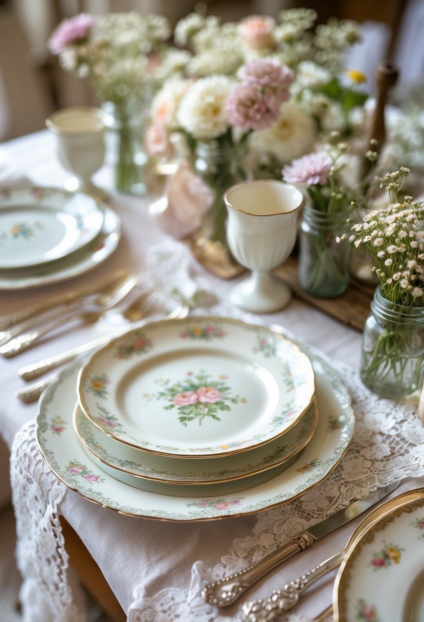 A table set with mismatched vintage china plates and cups, decorated with flowers and rustic wedding décor.