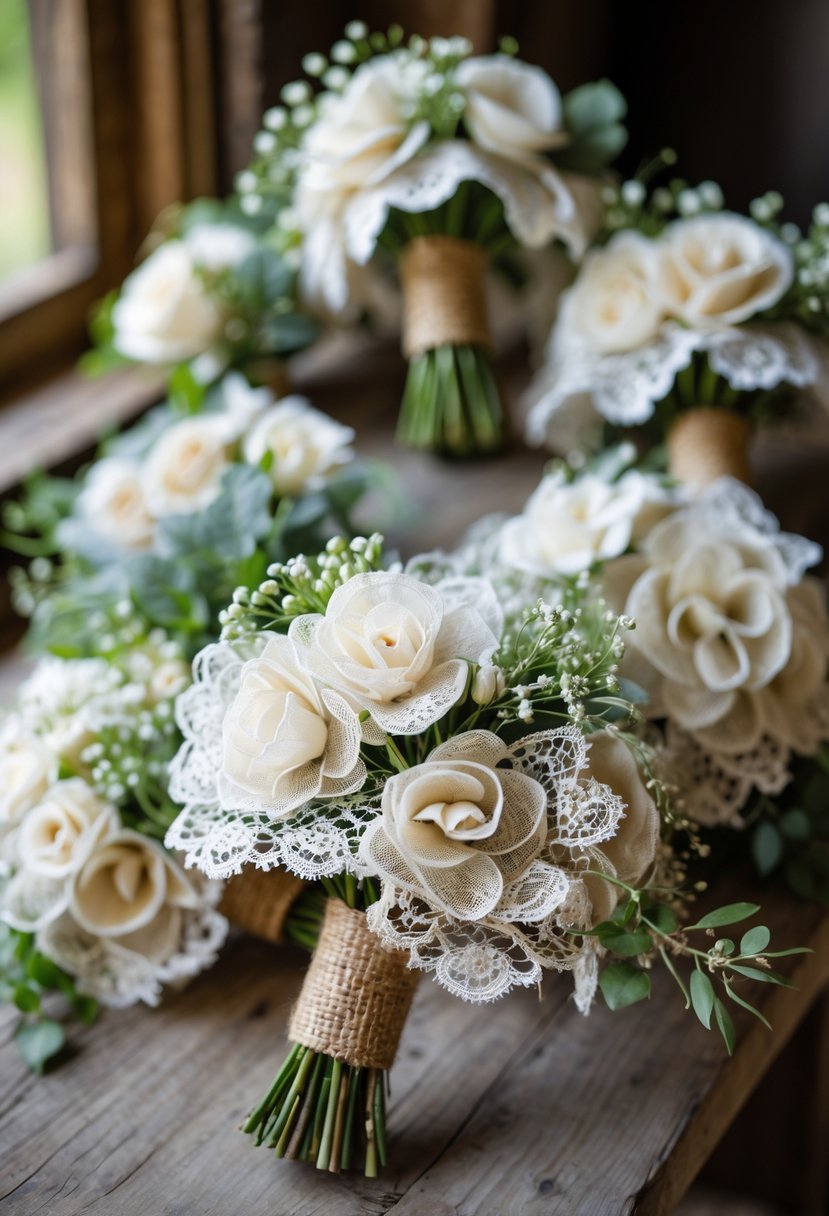 A close-up of several handmade bouquets made from lace and burlap with small white flowers and greenery arranged on a wooden surface.