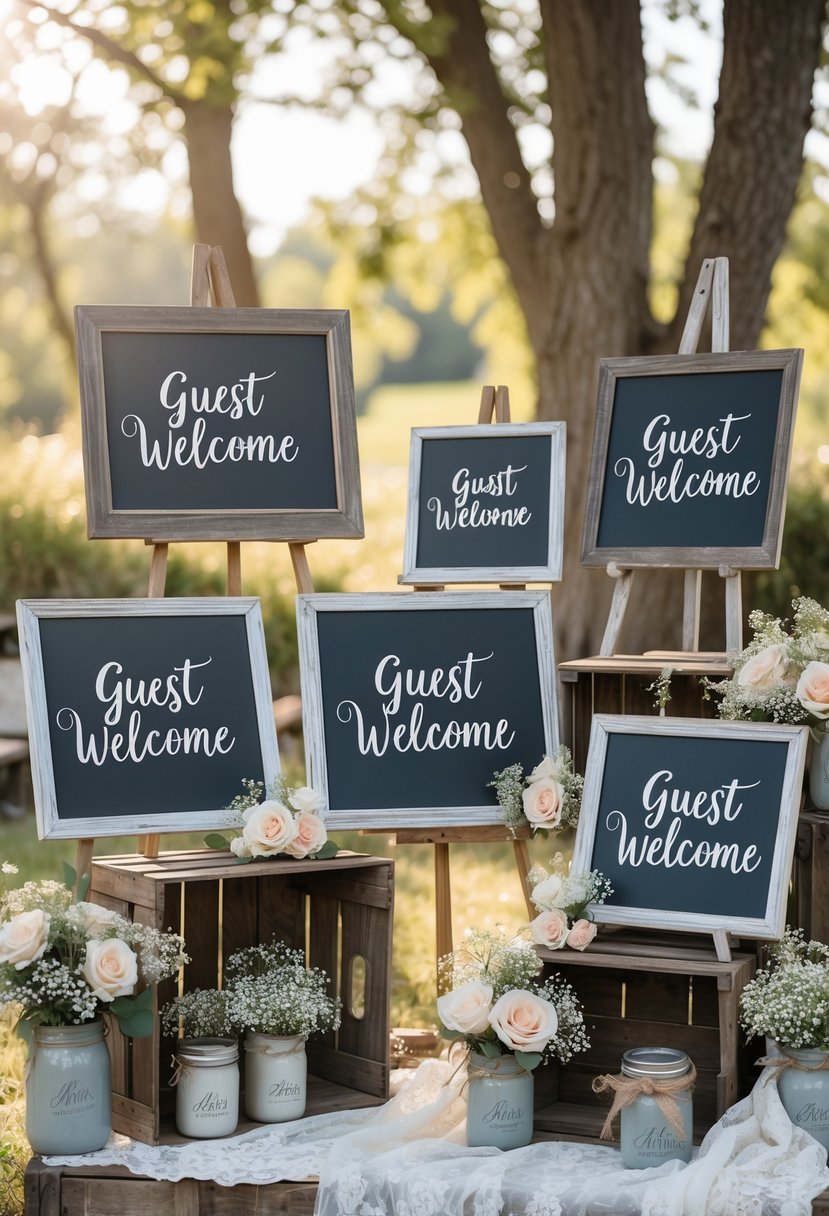 A wedding setup with several blank chalkboard signs surrounded by flowers and rustic wooden decorations outdoors.