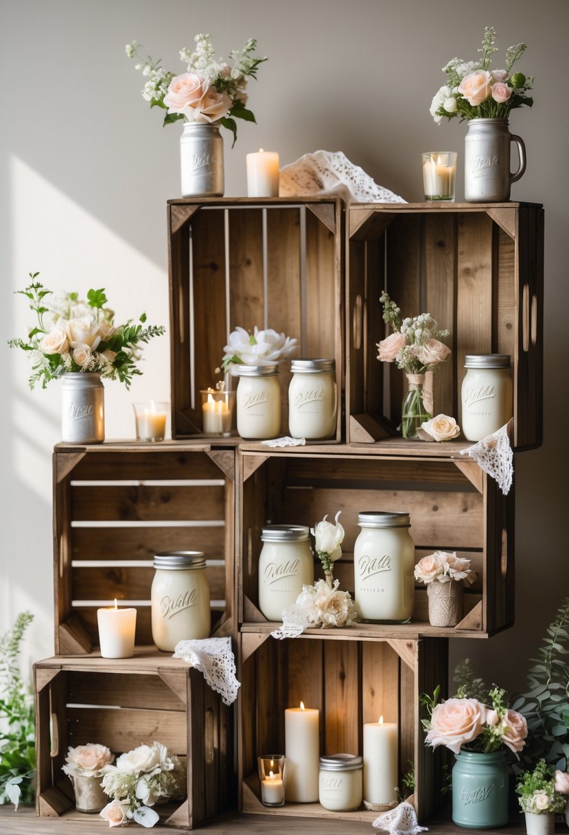 Stacked rustic wooden crates used as shelves displaying wedding décor items like flowers, candles, and small plants.