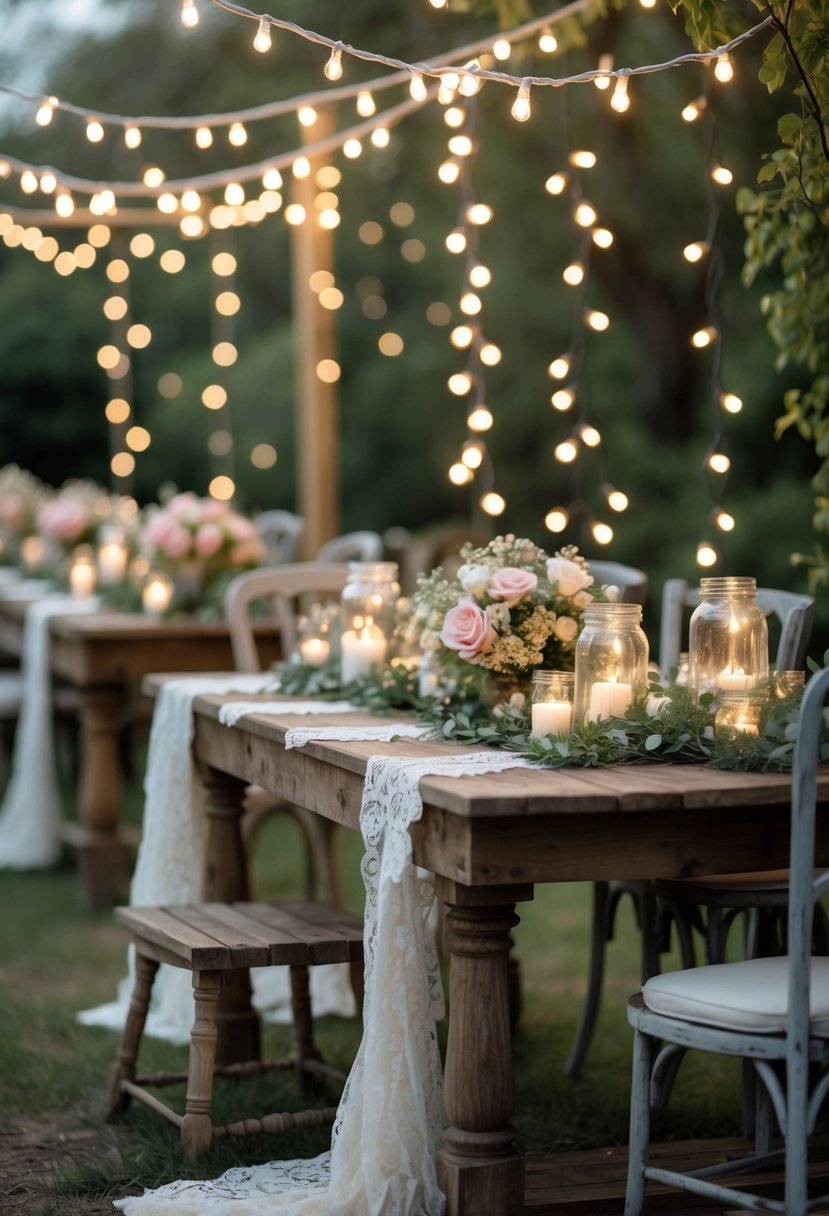 Outdoor wedding scene with delicate fairy string lights hanging overhead above decorated tables and chairs surrounded by greenery.