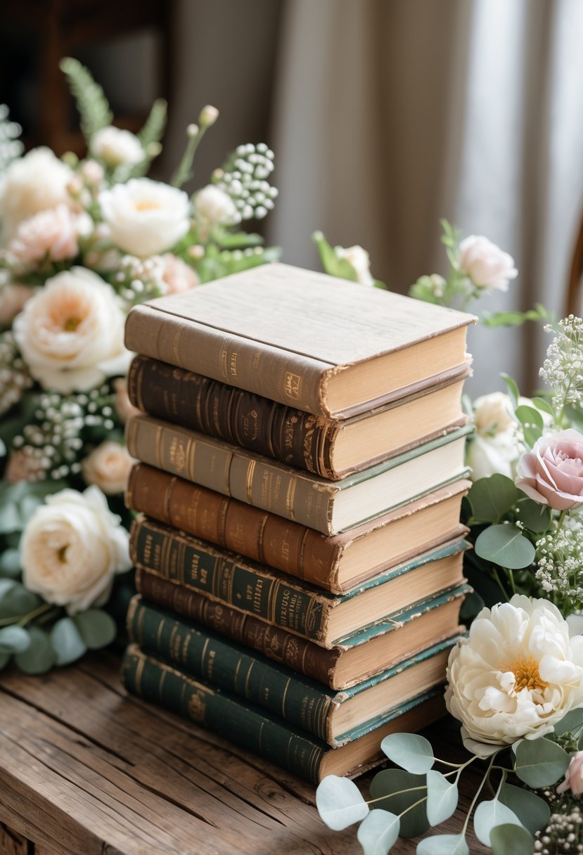 Stack of old books used as a centerpiece on a wooden table, surrounded by soft pastel flowers and greenery.