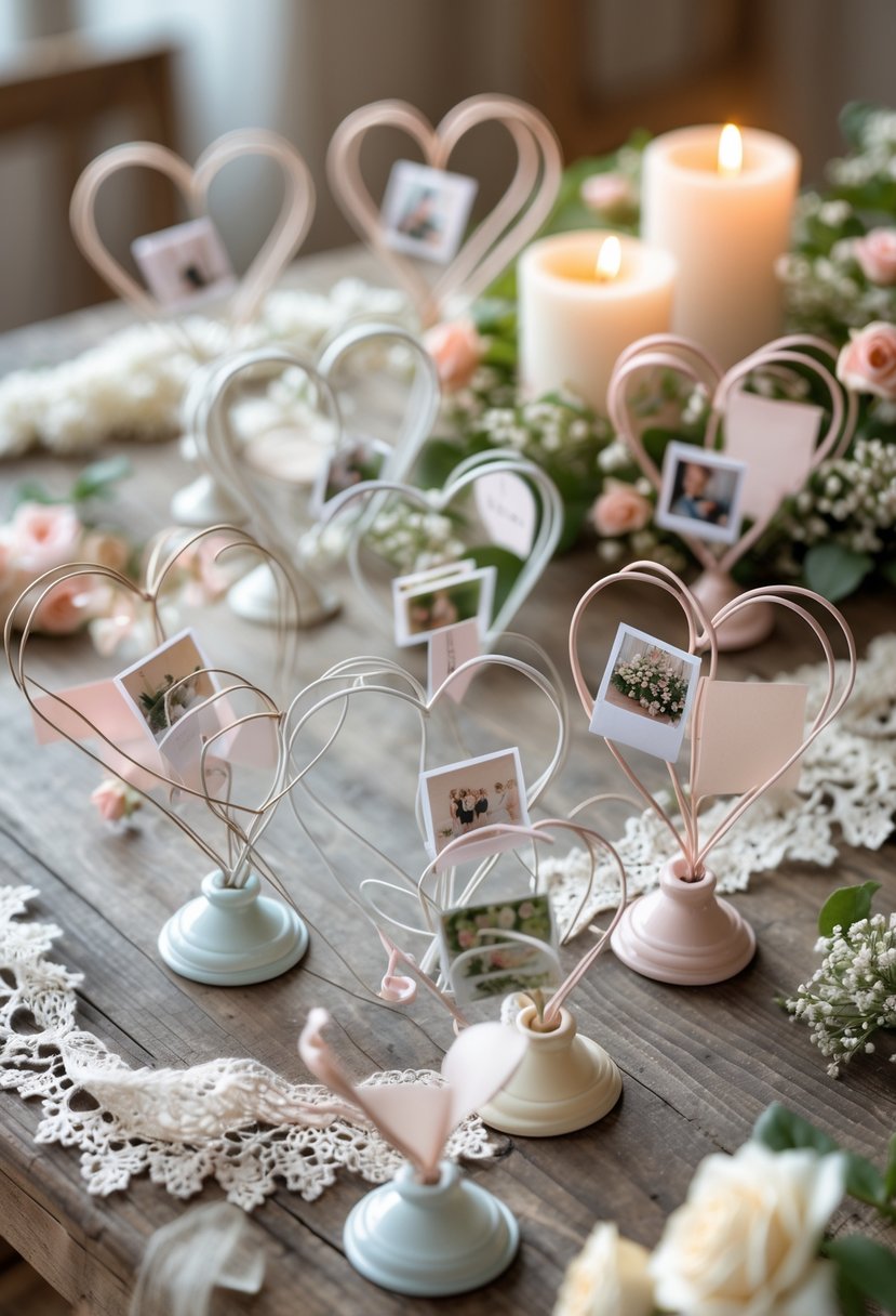 A collection of heart-shaped wire photo holders arranged on a wooden table, each holding small photos or notes with flowers and candles nearby.