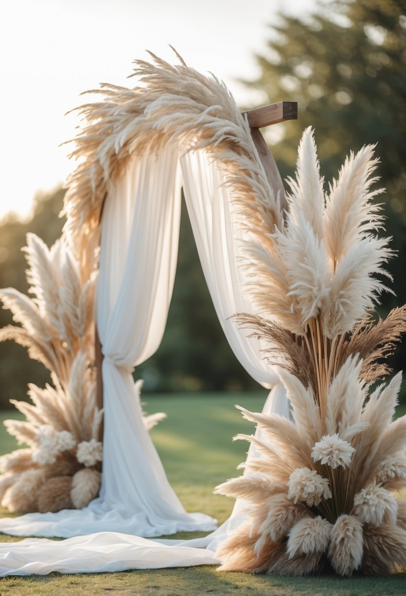 A wedding ceremony arch decorated with pampas grass and draped white fabric outdoors.