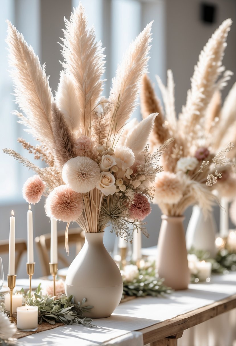 A wedding table with centerpieces made of pampas grass and dried flowers arranged in vases.