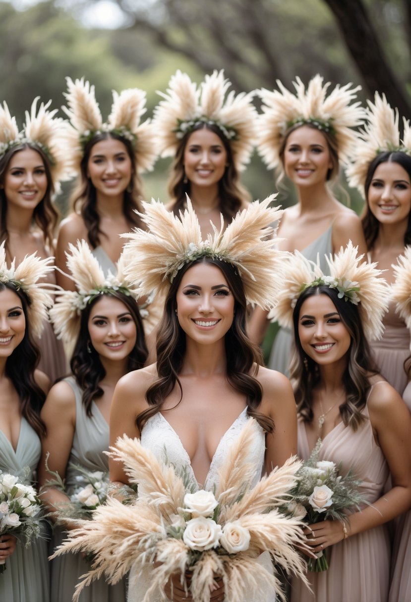 A bridal party wearing pampas grass floral crowns standing outdoors in a garden setting.