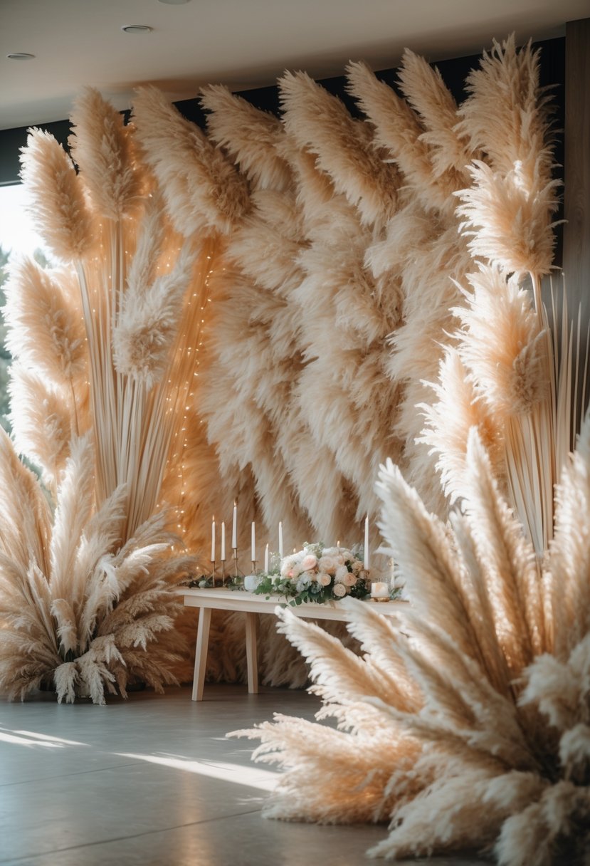A wedding reception backdrop made from dense panels of beige and cream pampas grass with soft lighting and simple floral decorations in front.
