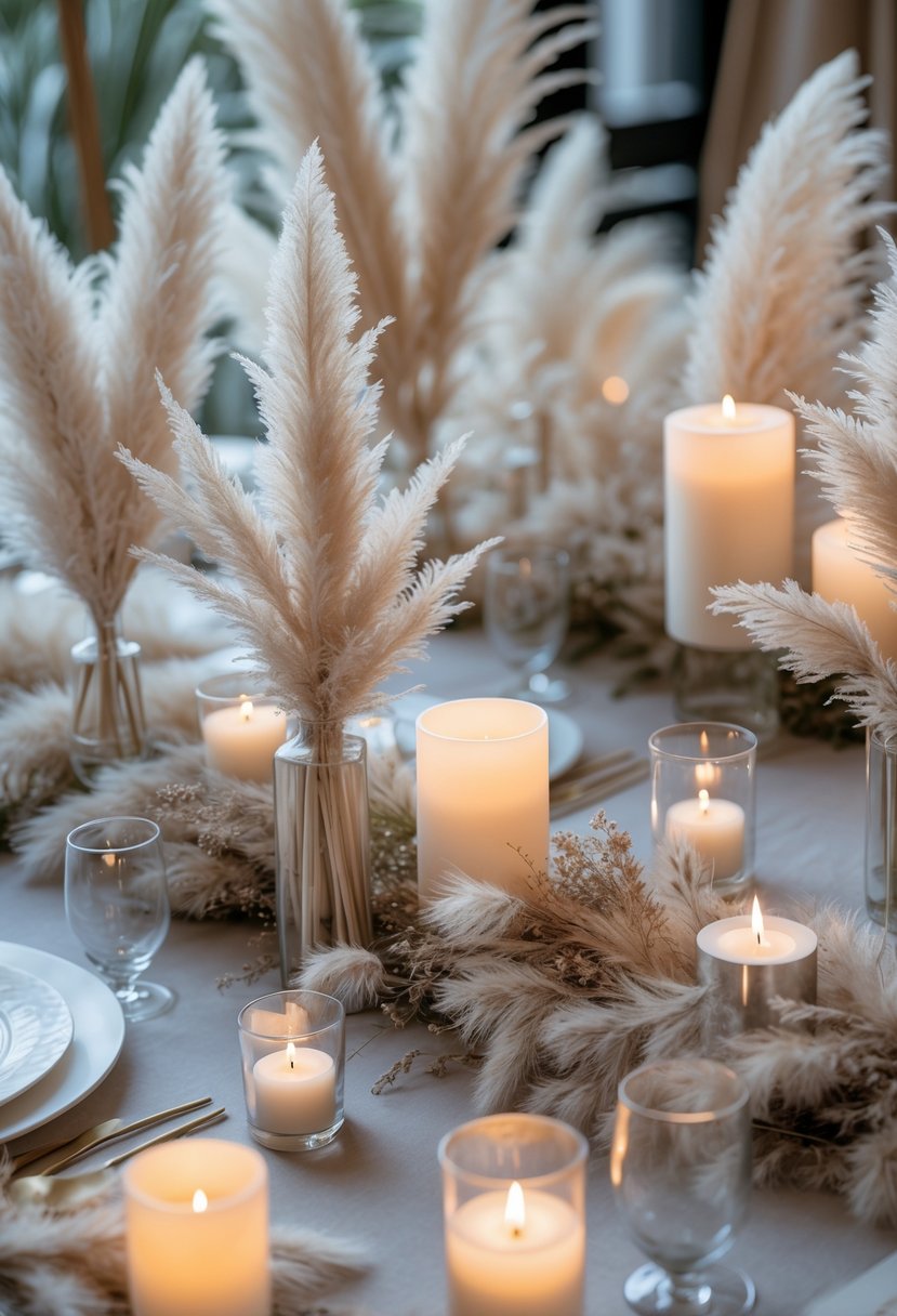 A tabletop with low arrangements of pampas grass and candles creating an elegant wedding décor scene.