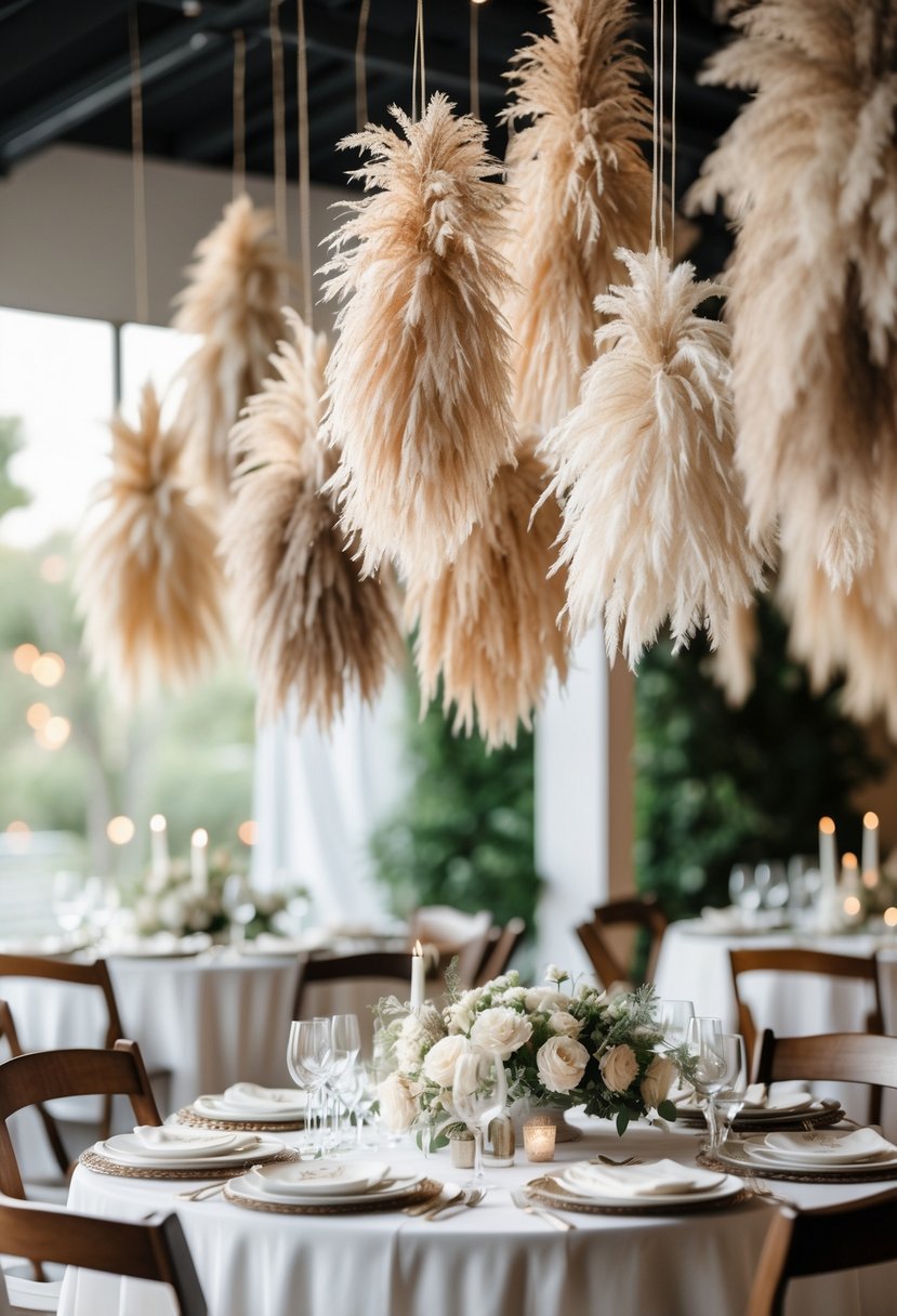 Dining tables decorated with hanging pampas grass installations above, creating a warm and elegant atmosphere.
