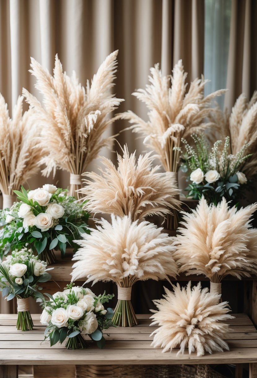 A collection of twelve pampas grass bouquets arranged on a wooden table in a wedding setting.