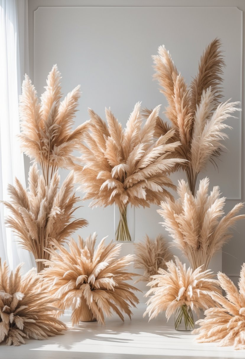 A wedding décor scene featuring twelve arrangements of pampas grass and pampas plumes with soft natural lighting.