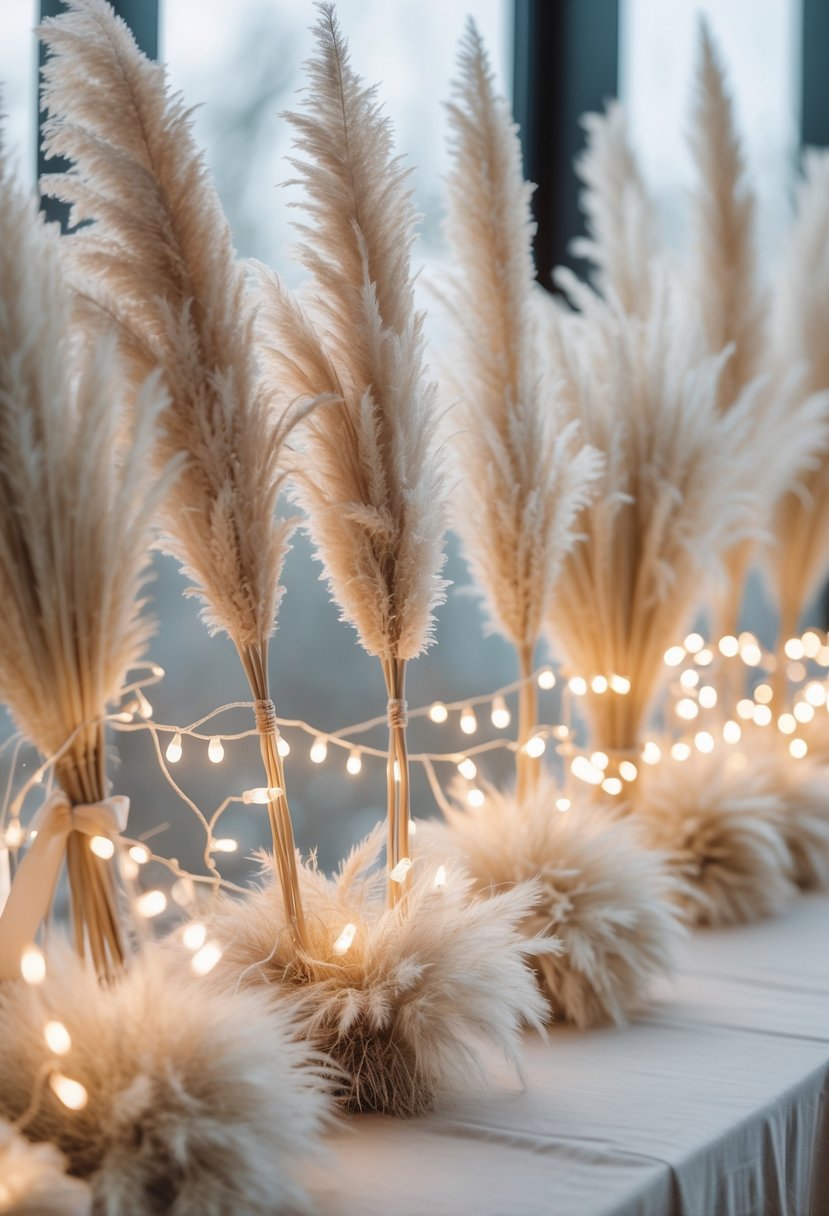 A collection of pampas grass arrangements decorated with warm fairy lights, arranged as wedding décor.