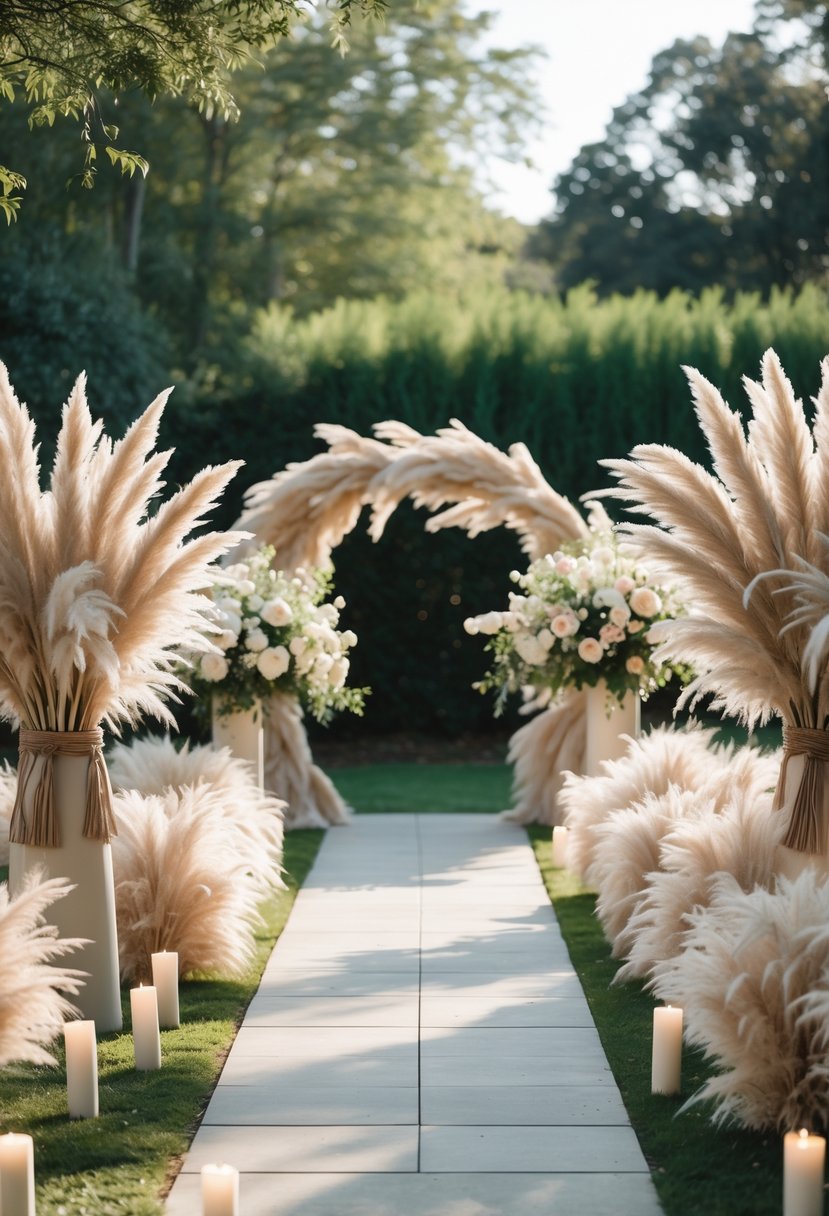 Walkway lined with tall pampas grass leading to a wedding entrance in a garden setting.
