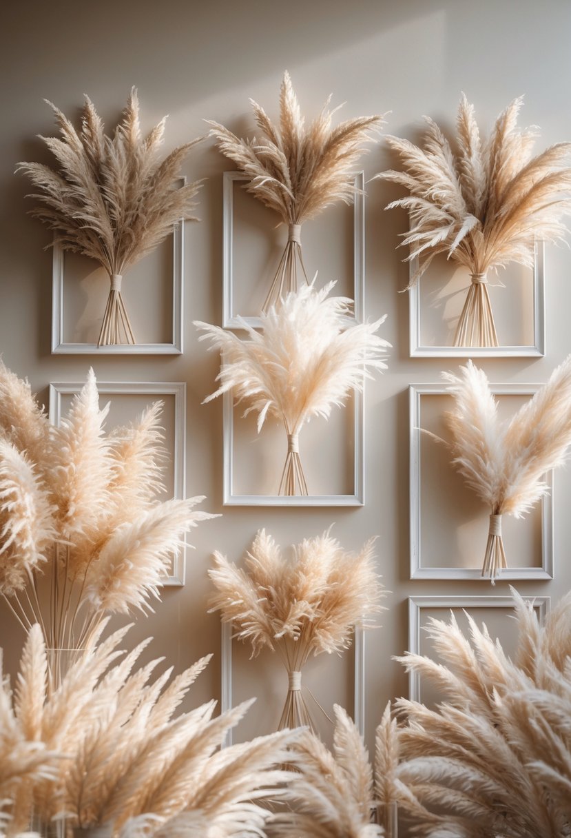 Twelve photo booth frames decorated with soft pampas grass arranged against a neutral background.