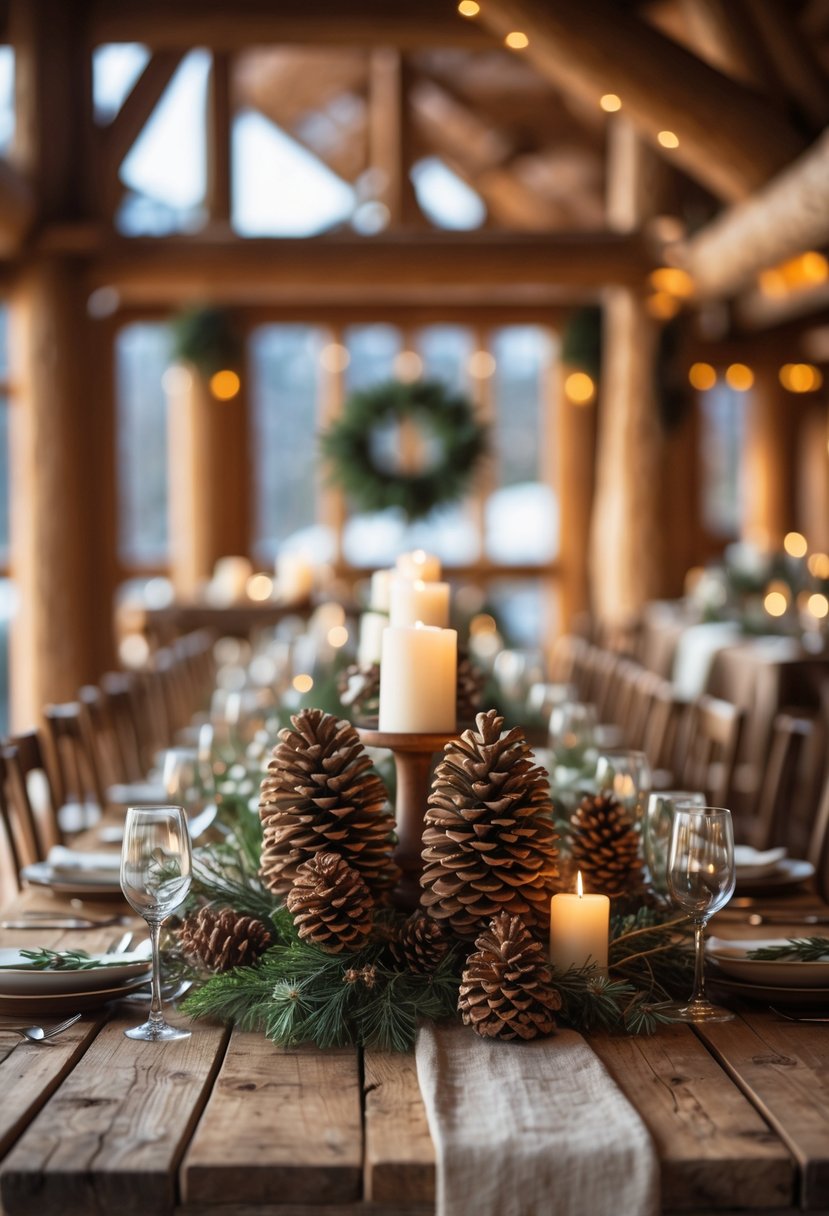 Rustic wooden tables with pinecone centerpieces arranged for a winter wedding inside a lodge.