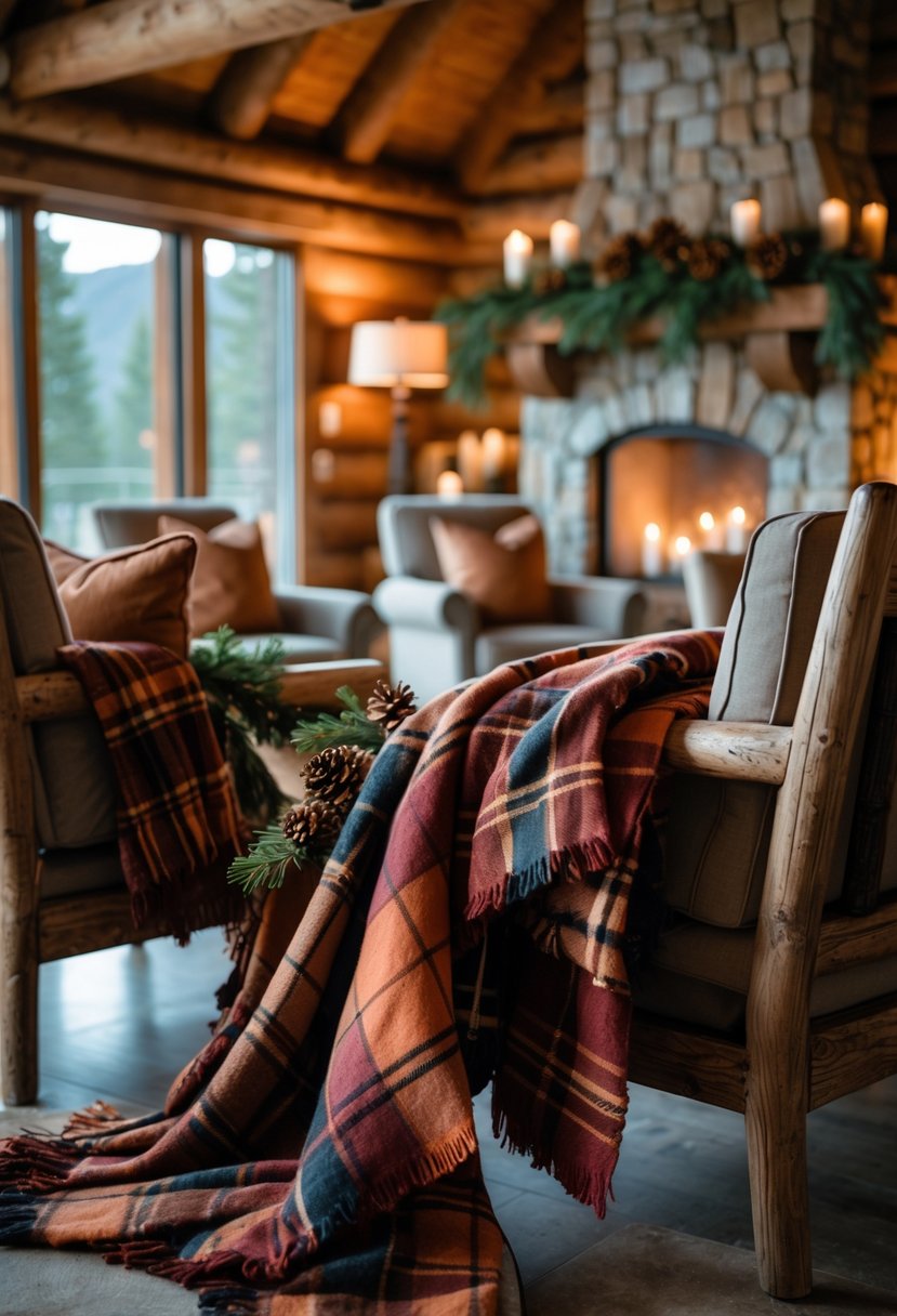 Seating areas in a winter lodge with warm plaid throws draped over chairs and sofas, surrounded by rustic decor and soft lighting.