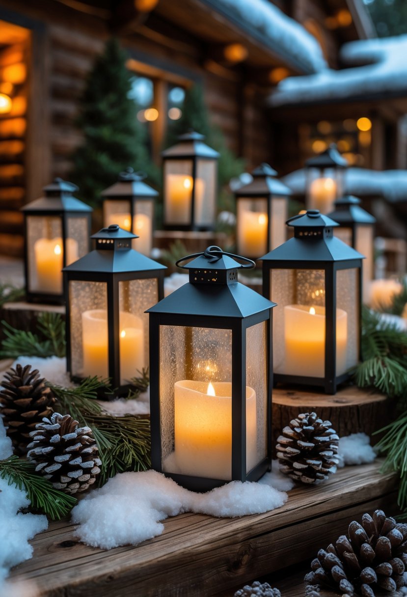 Candlelit lanterns with frosted glass glowing warmly on a rustic wooden surface surrounded by pinecones and evergreen branches in a winter lodge setting.