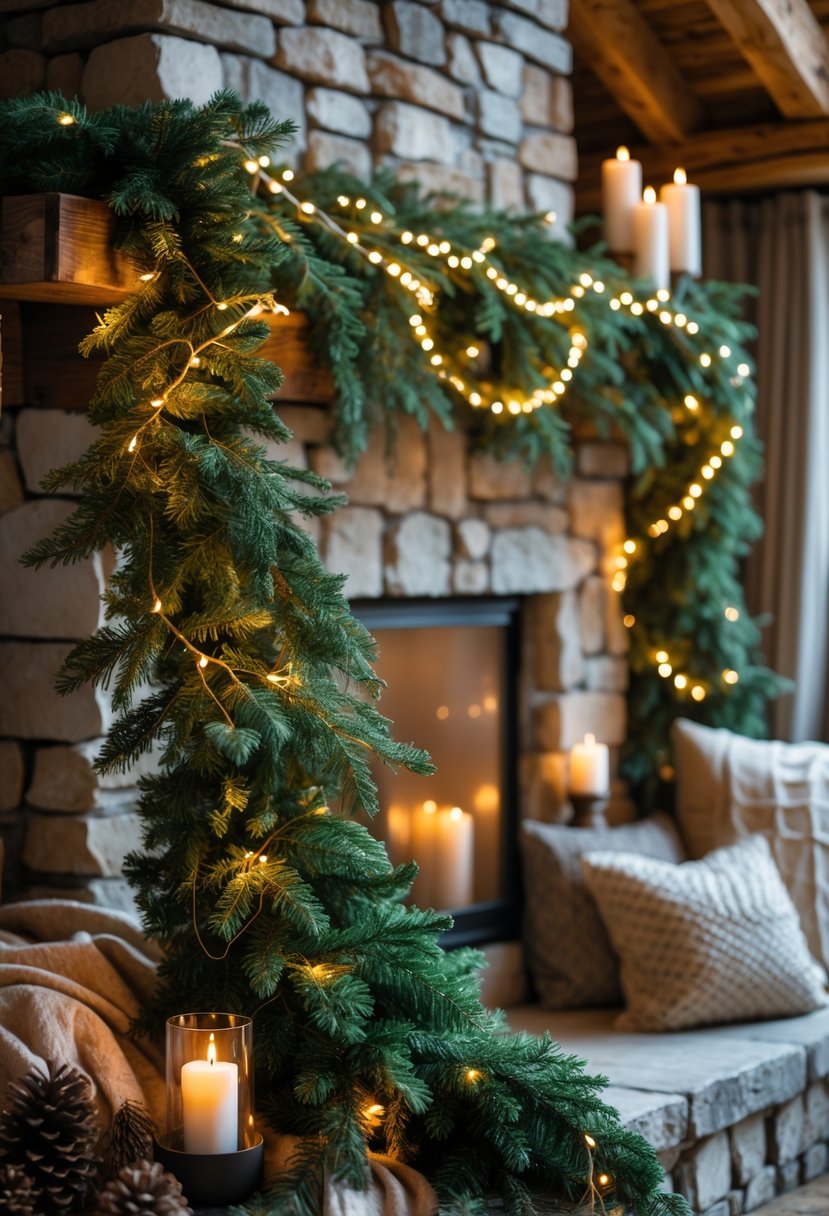 Evergreen garlands with fairy lights draped over wooden beams and a stone fireplace in a cozy winter lodge setting.