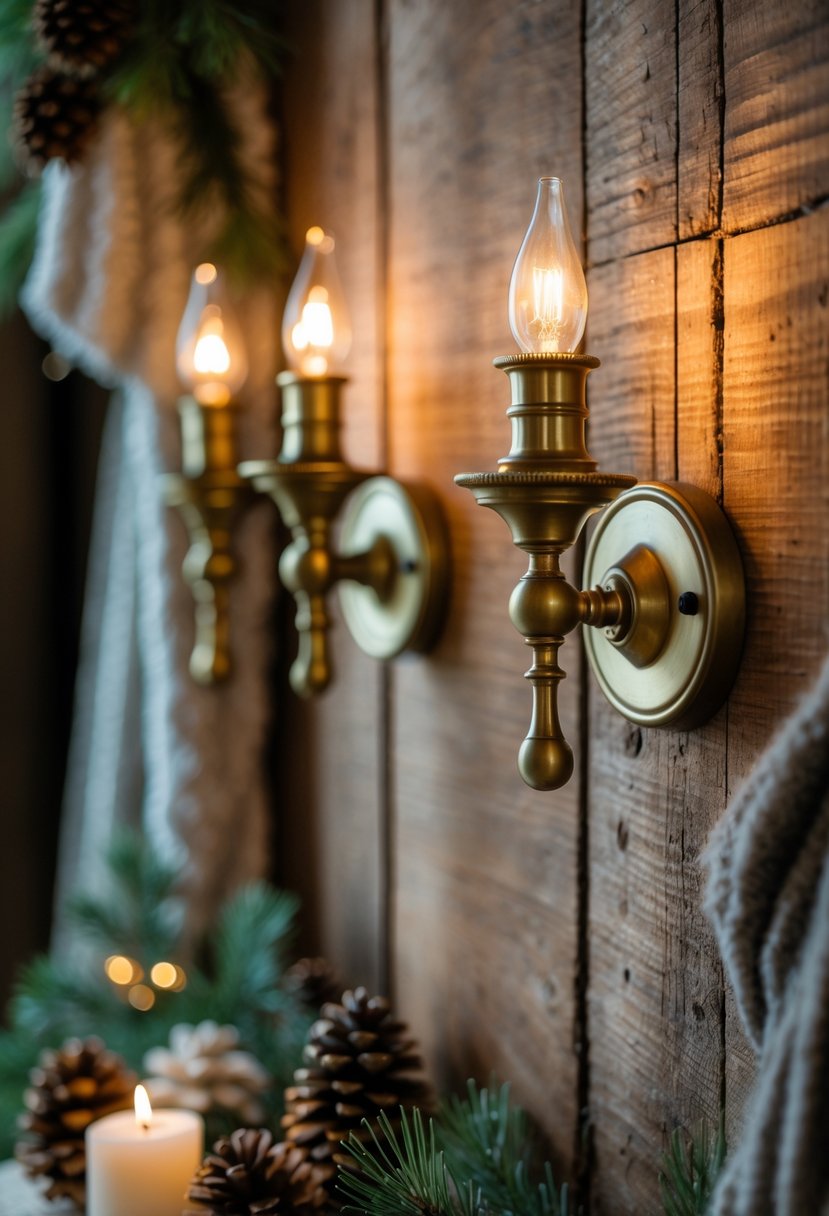 Warm glowing brass wall sconces mounted on a wooden wall with winter wedding decorations including pinecones and evergreen branches.