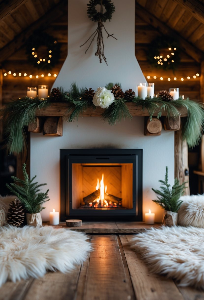 A warm lodge hearth surrounded by soft faux fur rugs and winter wedding decorations including pinecones, evergreen branches, and candles.