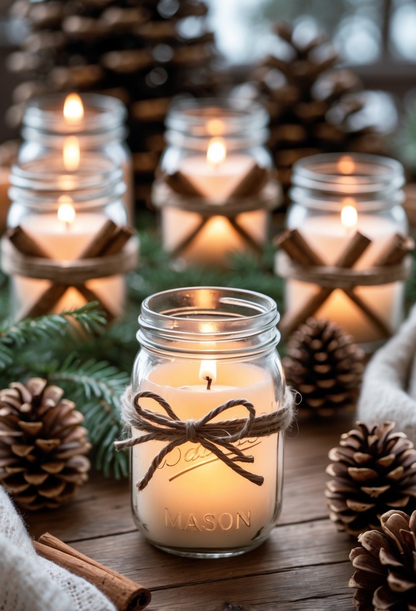 Mason jar candle holders wrapped with cinnamon sticks and twine, glowing softly on a wooden surface surrounded by pinecones and evergreen branches.