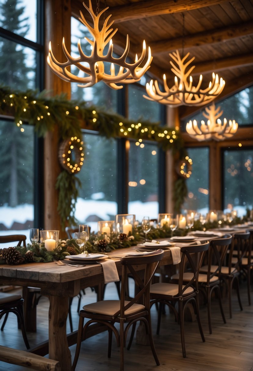 Dining area in a winter lodge with antler chandeliers hanging above wooden tables set for a wedding.