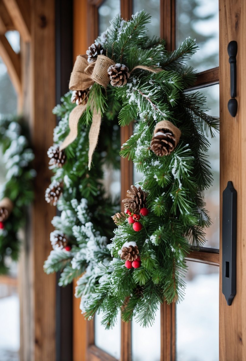 Snow-dusted pine wreaths hanging on wooden doors and windows of a winter lodge.