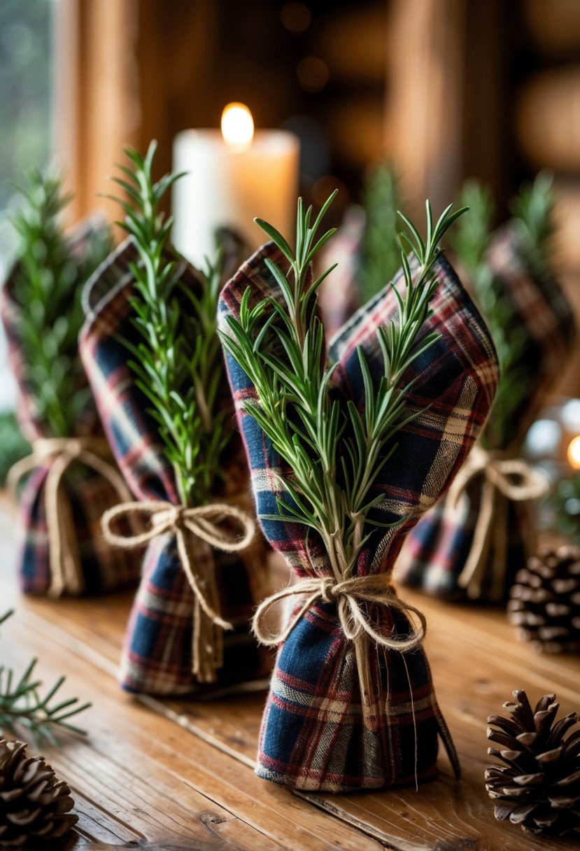 Plaid napkins tied with twine and sprigs of rosemary arranged on a wooden table with winter lodge wedding decor.