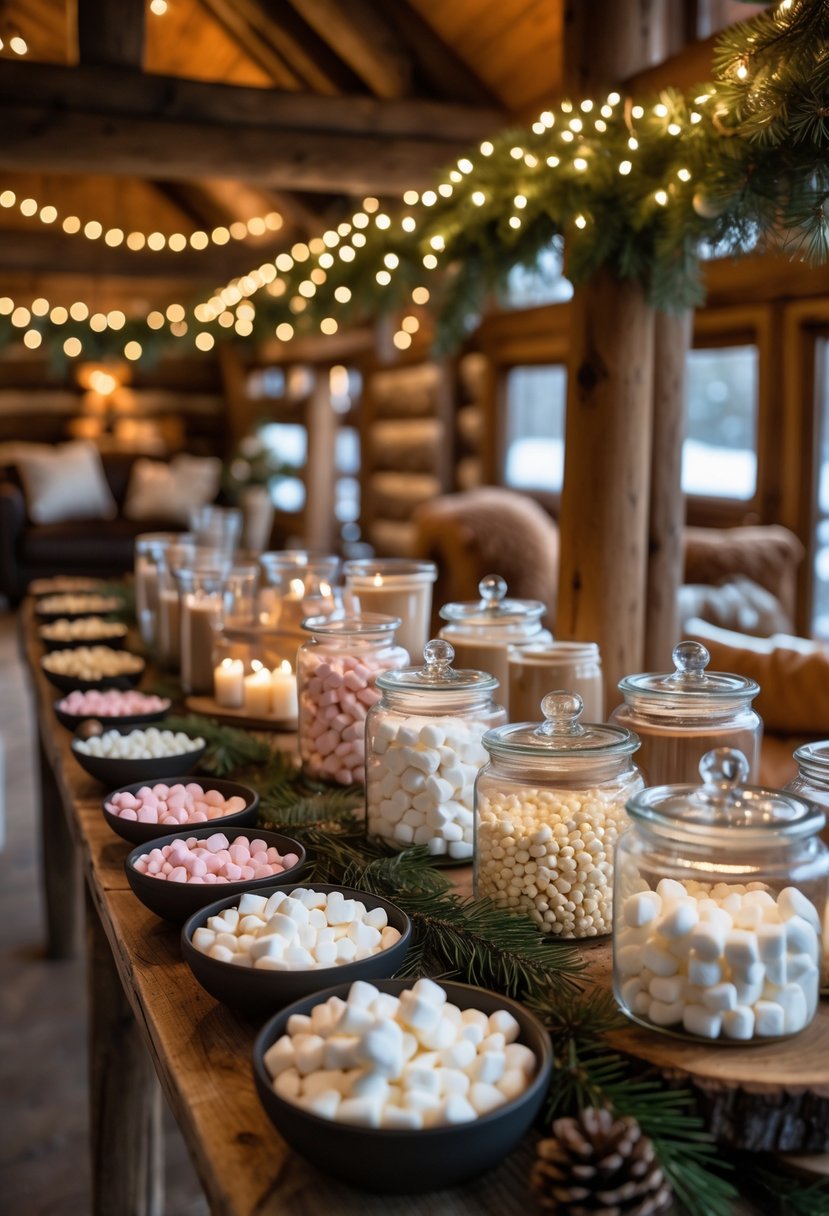 A cozy winter lodge setting with a hot cocoa station featuring mugs, pots, and jars of marshmallow toppings on a wooden table surrounded by warm lighting and winter decorations.