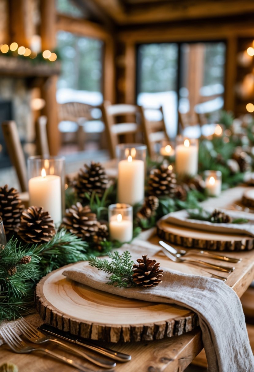 A rustic winter lodge wedding table with log slice chargers, pine cones, evergreen sprigs, candles, and wooden chairs in a cozy indoor setting.
