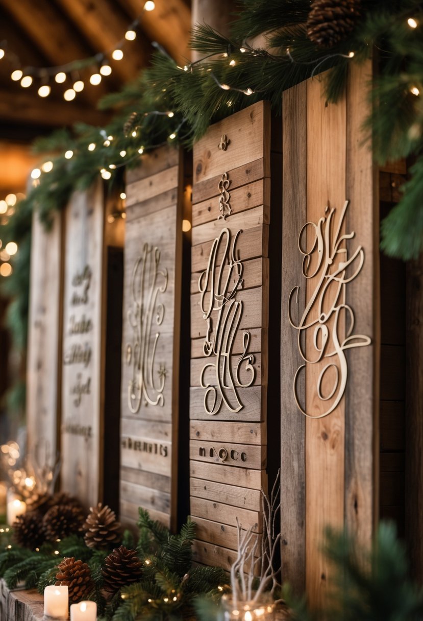 Wooden panels with decorative calligraphy-style designs surrounded by pine branches, pinecones, and soft lights in a cozy winter lodge setting.