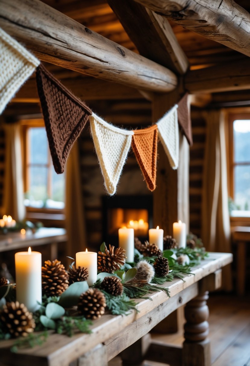 Knit wool bunting in warm earthy tones hanging inside a cozy winter lodge decorated with pinecones, dried foliage, and candles.