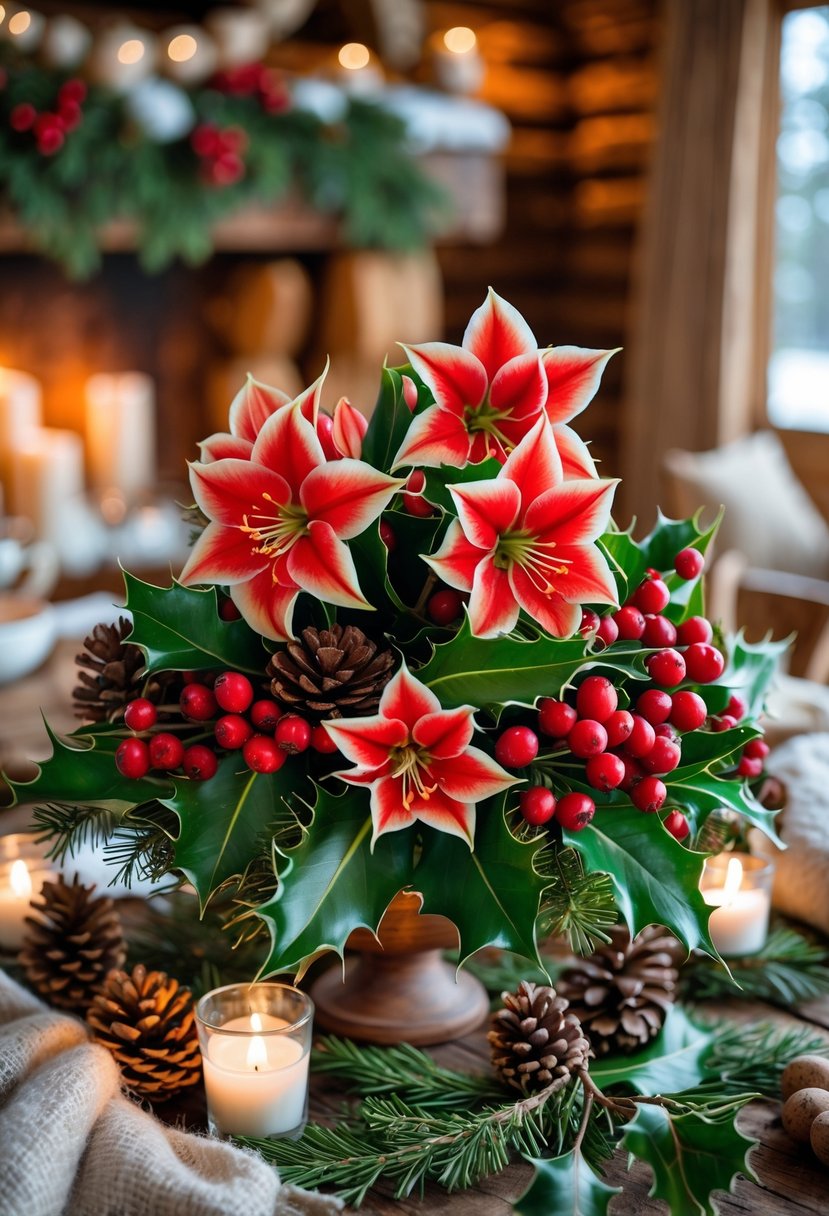 A winter lodge wedding scene with red amaryllis flowers, holly berries, pinecones, and candles on a wooden table surrounded by evergreen branches.
