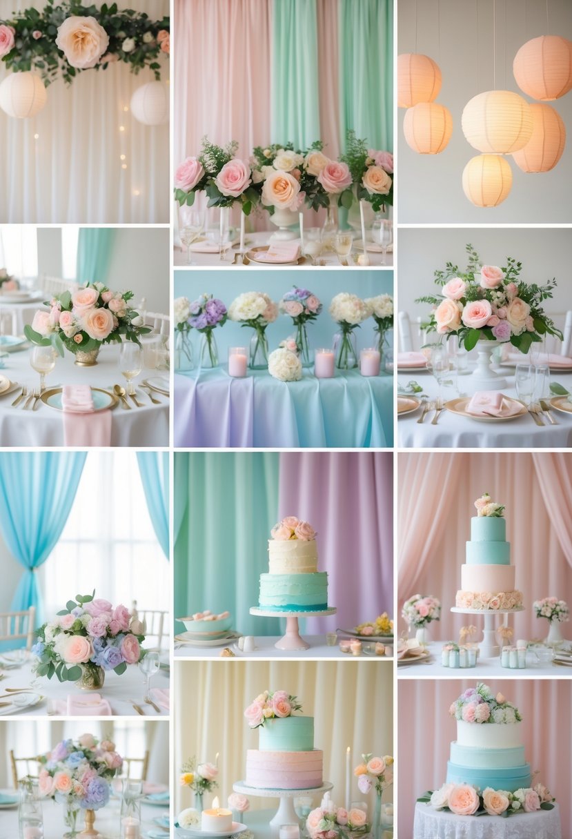 Indoor wedding reception with tables decorated in soft pastel colors featuring flowers, candles, fabric drapes, hanging lights, and a pastel-colored wedding cake.