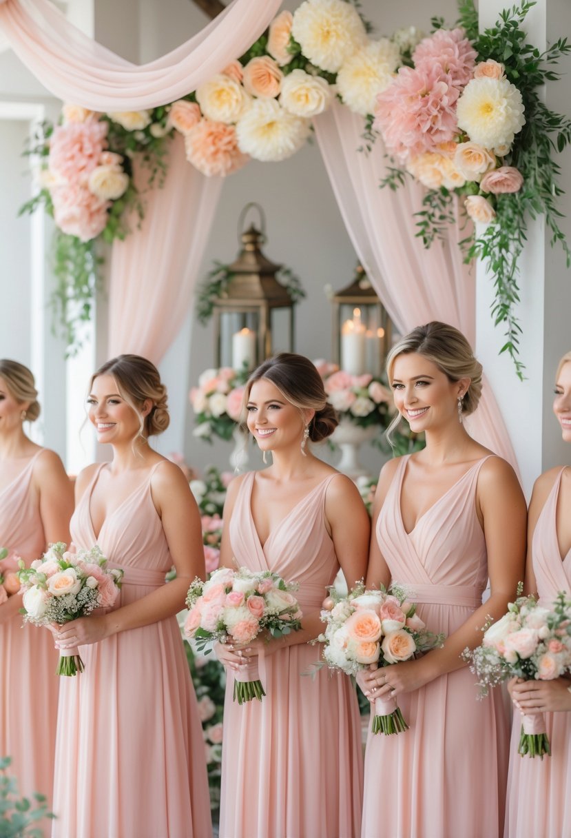 Bridesmaids in blush pink dresses standing in a wedding setting decorated with pastel flowers and soft lighting.