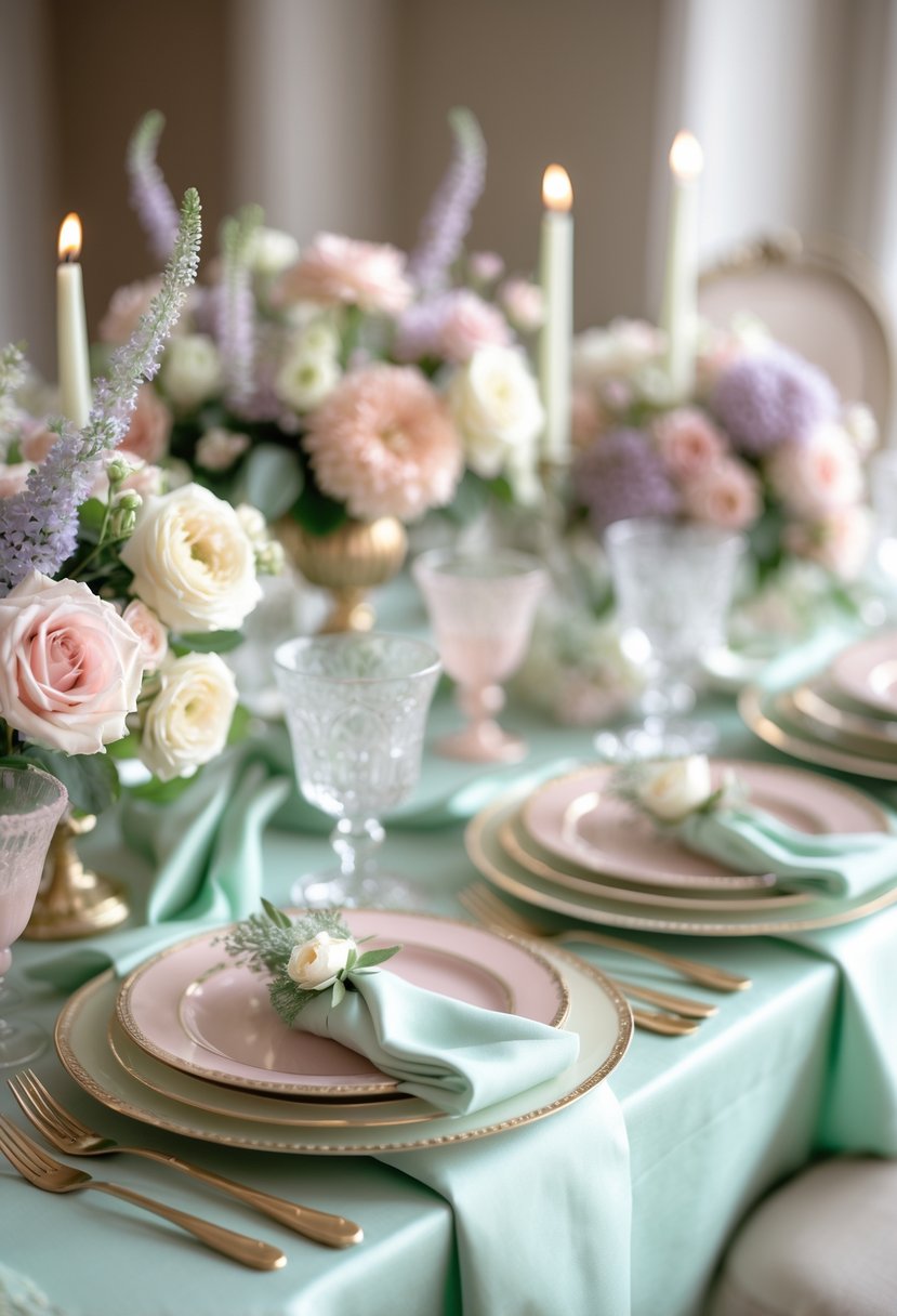 A wedding table set with mint green linens, pastel floral centerpieces, elegant glassware, and candles.