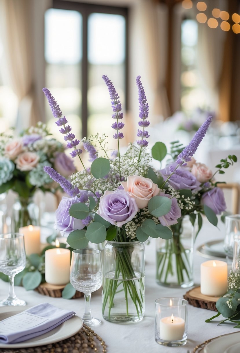 A wedding table decorated with lavender floral centerpieces and pastel-colored decorations.