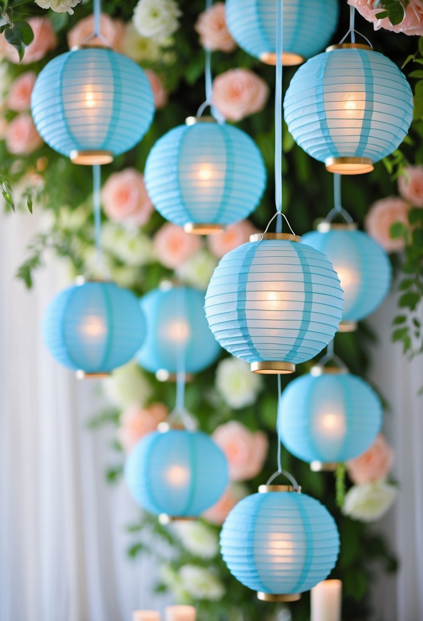 A group of baby blue hanging lanterns arranged with pastel wedding decorations including soft floral accents and greenery.