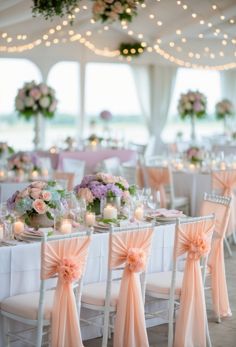 A wedding reception with white chairs adorned with peach-colored sashes and pastel-colored floral decorations on tables.