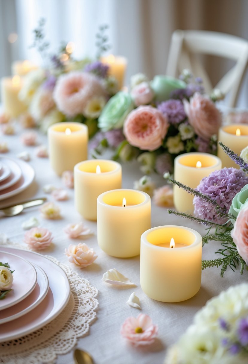 A collection of soft yellow candle holders surrounded by pastel-colored flowers and wedding decorations on a table.
