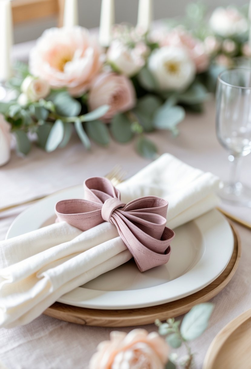 A wedding table setup with dusty rose napkin rings around white napkins, surrounded by pastel flowers and greenery.